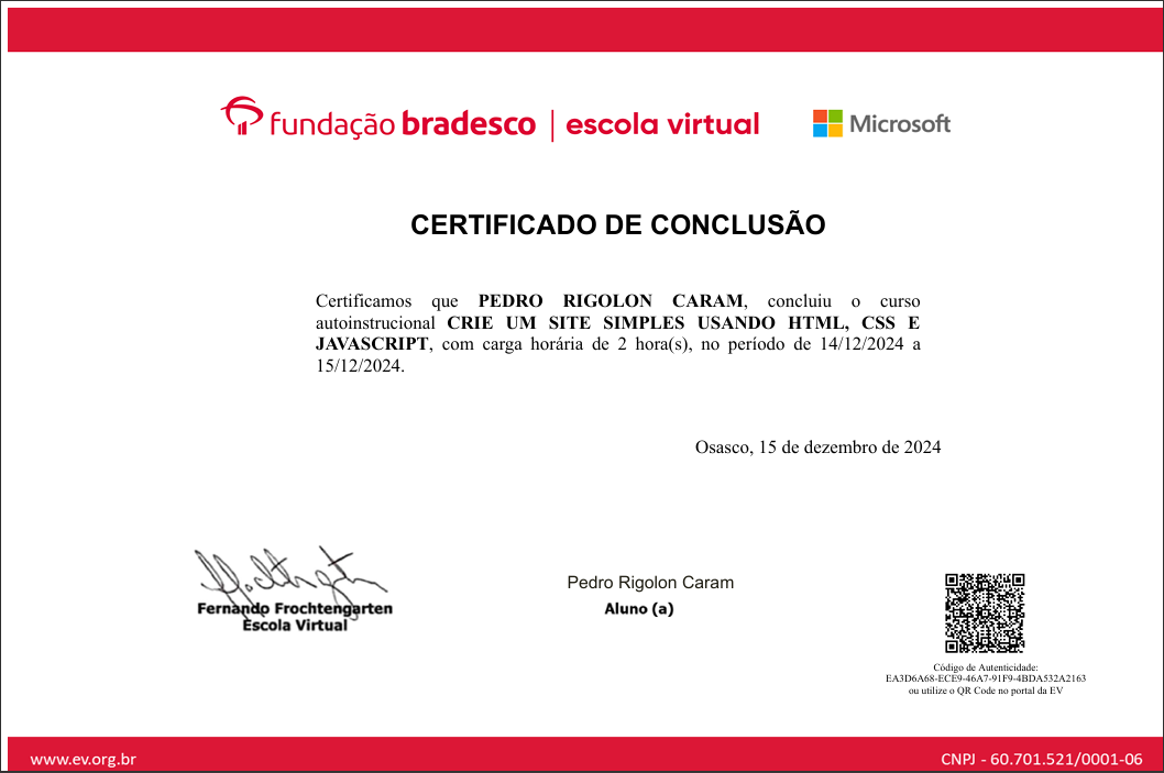 Certificado Criando um site simples com HTML, CSS E JS